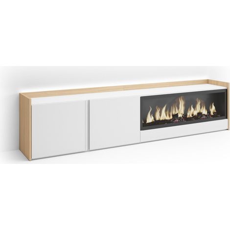 Skraut Home - Mueble TV, Televisión, Muebles de salón, almacenaje, 212x35x50cm, Para TV hasta 80", Chimenea eléctrica XXL, LED, Estilo Moderno, Blanco y roble soft (1/5)