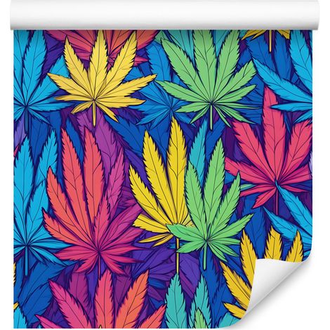 Papier peint à motifs de feuilles de chanvre colorées bleues et violettes 50x1000 cm (1/5)