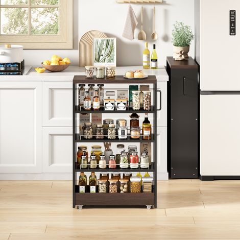 Desserte de rangement 55x16x85 cm noir et brun en MDF avec 4 étagères réglables et roulettes (1/4)