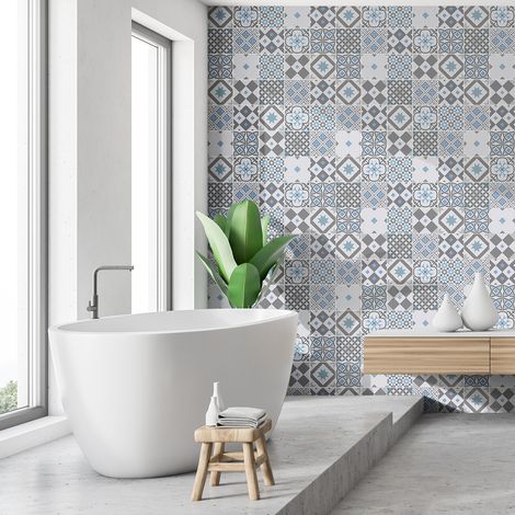 Sticker Mural Carrelage adhésif Cuisine Salle de Bain - 60 STICKERS CARREAUX DE CIMENT AZULEJOS EJIDO - 60stickers10x10cm (1/5)