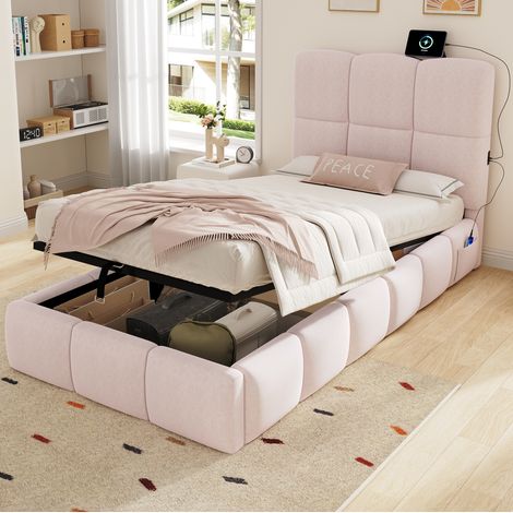 Lit coffre 90x200 enfant velours rose USB OKMYHOME (1/5)