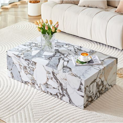 Table basse 90x50x30 effet marbre blanc MDF OKMYHOME (1/5)