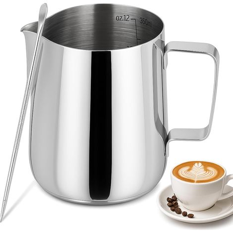 Pichet lait inox - Pot a lait inox - Pot a lait - 350ml - avec échelle graduée - accompagné d'un stylo pour latte art - idéal pour préparer des cappuccinos, des lattes et des espressos - argent (1/5)