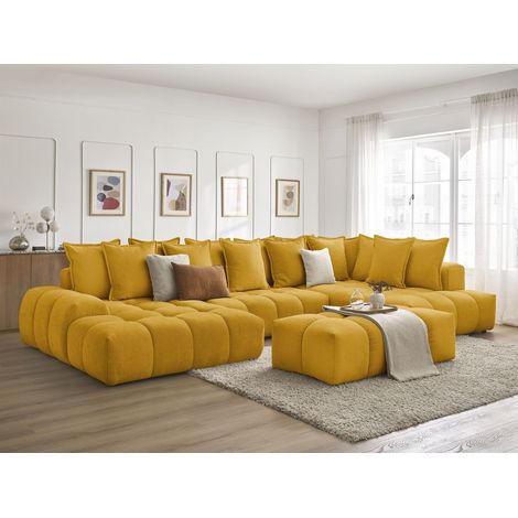 BOBOCHIC - Canapé panoramique convertible coffre EVEREST tissu texturé avec pouf Angle gauche Jaune (1/5)