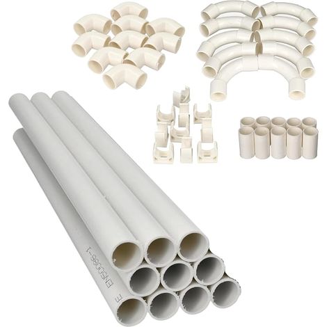 10 tubes rigides blancs en PVC pour câbles, longueur 1 m, diamètre 16 mm, cache-câble avec clips de fixation, coude 90 degrés, manchons et coudes d'assemblage (1/5)