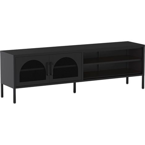 OLIVIA - Meuble TV 160 cm 2 Portes Ajourées 2 Niches en Métal Noir (1/5)