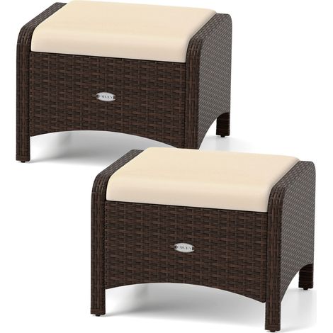 Set de 2 poufs de jardin en rotin avec coussins rembourrés, sièges supplémentaires, table d'appoint, capacité de charge 180 kg - marron (1/4)