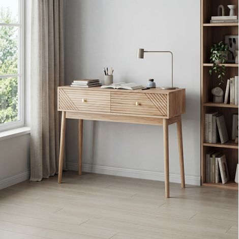 Tavolo consolle in MDF e pannelli truciolari color rovere con 2 cassetti, stile Mid-Century,100x35x80cm (1/5)