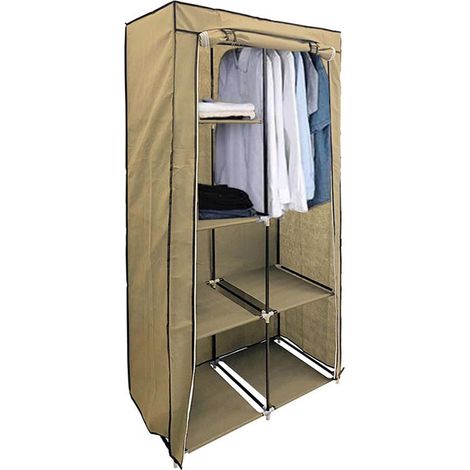 Stoffkleiderschrank mit 6 Ablagefächern und Kleiderstange, Braun Höhe 169cm (1/4)
