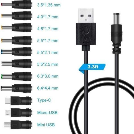 cable usb vers dc 5v,Câble USB vers DC d'alimentation,11-en-1 DC adaptateur alimentation 5.5 x 2.1mm DC Barrel Jack pour Ordinateur Portable, Routeur etc(1m, noir) (1/4)