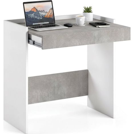 Dmora - Bureau Dbeltrá, Bureau moderne avec tiroir, Table d'étude ou de bureau pour support de livre PC, Fabriqué en Italie, 80x40h79 cm, Blanc et Béton