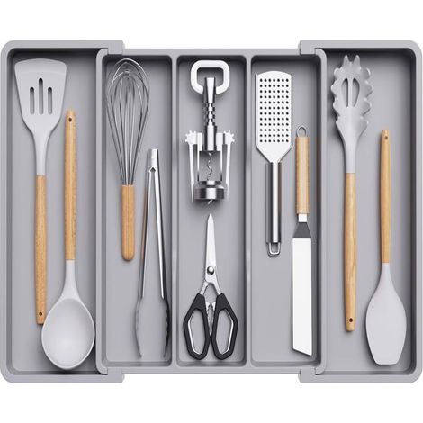 Range Couverts pour Tiroir, Grand Plateau de Couverts Extensible pour la Cuisine, Range Couvert pour Outils et Gadgets, Grand, Gris (1/5)