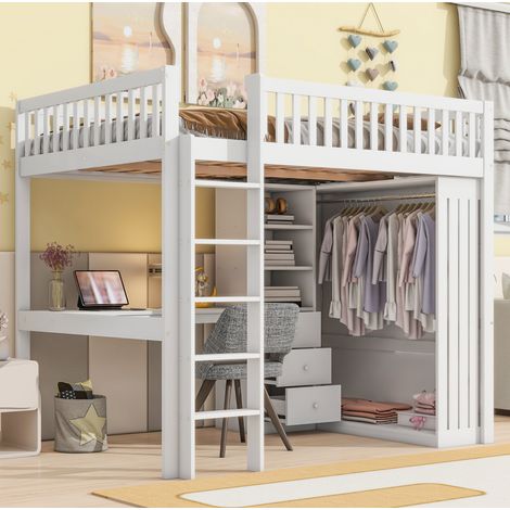 Letto rialzato adulto 140x200 cm con scrivania, armadio aperto, 3 cassetti, vano portaoggetti e scala, in legno bianco, materasso non incluso (1/5)