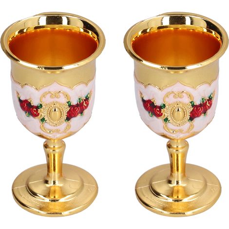 Lot de 2 gobelets en métal, ornés d'un motif floral peint raffiné, style vintage, parfaits pour un bar ou comme cadeau. Couleurs : or et blanc. (1/5)
