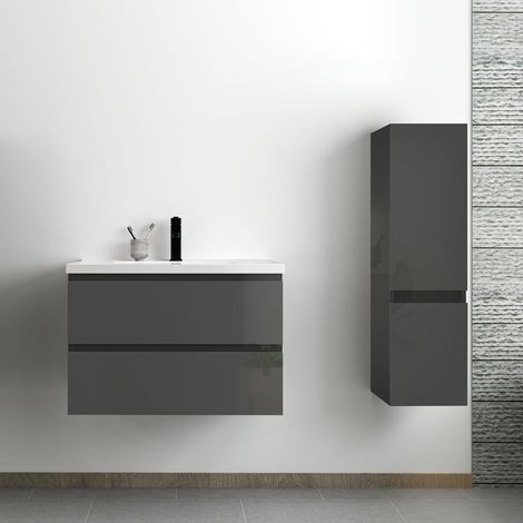 Ocean ensemble meuble salle de bain 80 cm anthracite brillant avec 2 tiroirs à fermeture automatique, lavabo céramique simple + colonne, suspendu