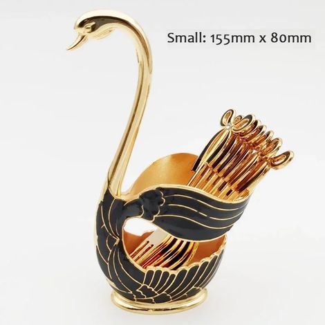 (Noir, 6 fourchettes) Porte-couverts en forme de cygne, rangement luxueux pour les couverts, décoration de cuisine élégante.