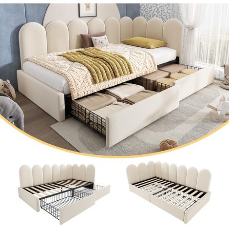 Lit capitonné, lit simple avec tiroirs, lit coffre, méridienne en velours, canapé-lit 90x190cm avec sommier à lattes, lit enfant et adulte, beige (sans matelas), garantie 2 ans