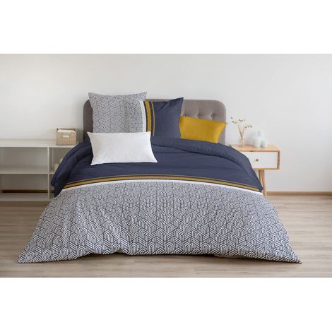 Parure de Couette 220x240 cm 100% Coton 57 Fils Housse + 2 Taies Motif Tilt Bleu Navy (1/5)