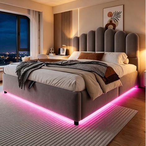 Cama tapizada con almacenaje (209x145.5x111 cm), cabecero acolchado, LED, terciopelo gris (1/5)