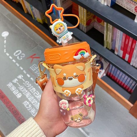 Bouteille d'eau Kawaii avec paille, esthétique, portable, en plastique, pour l'école, les sports de plein air, (chien orange) (1/5)