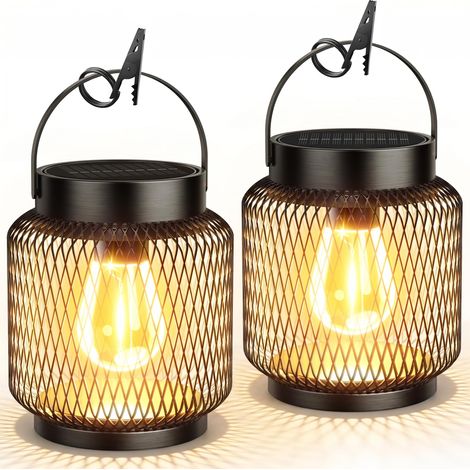 Lot de 2 lanternes solaires métalliques – Ultra-brillantes, étanches – Jusqu’à 15 h d’éclairage – Design moderne – Idéales pour jardin, terrasse, allée et arbre (1/5)