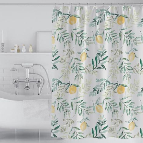 Rideau de douche 180 x 200 cm avec 12 crochets, séchage rapide (citron), en polyester imperméable lavable en machine, pour salle de bain. (1/5)