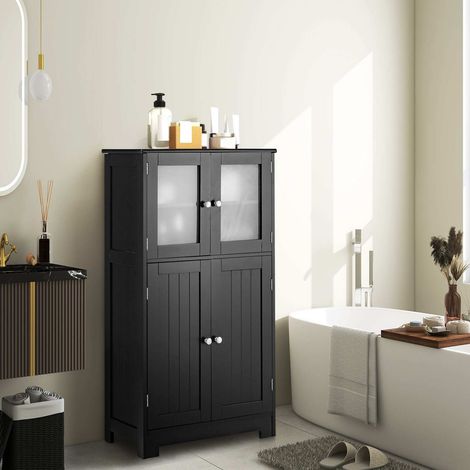 Meuble de salle de bain avec portes en verre et étagère réglable, meuble de salle de bain, meuble haut, bois - noir (1/5)