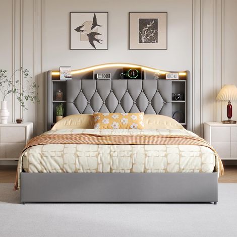 Polsterbett 160x200 cm mit Stauraum, LED-Beleuchtung und USB-Ladefunktion, modern, Samt, Grau