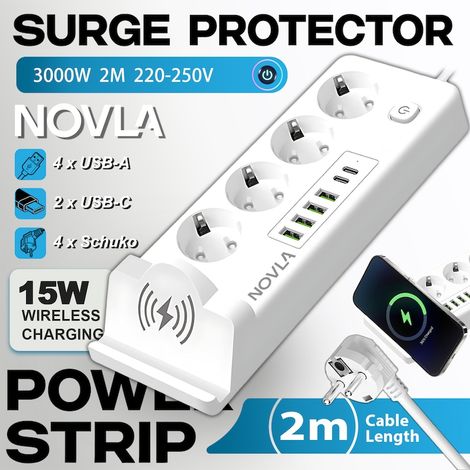 Rallonge électrique avec protection contre les surtensions, NOVLA, câble de 2 m, charge sans fil 15 W, 3 000 W/10 A, 220-250 V, 4 prises, 4 ports USB-A, 2 ports USB-C, protection enfant, mise à la ter (1/5)