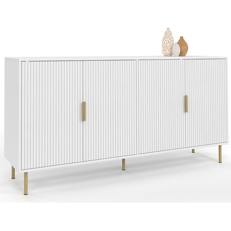 Buffet 160 cm MARCEL 4 portes blanc effet lattes et finitions dorées