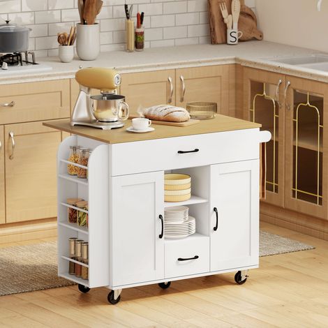 Isla de cocina móvil, superficie de trabajo plegable, puertas de armarios con cierre suave, cajones, toallero, MDF, blanco (1/5)
