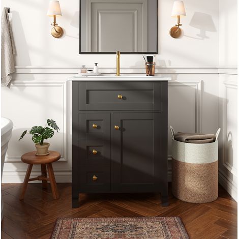 Meuble de salle de bain avec vasque 61 cm noir brillant, 1 porte, 4 tiroirs HAVRYA (1/5)