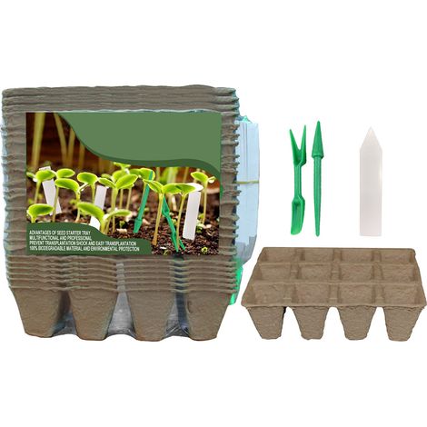 Kit de 24 plateaux de semis (12 alvéoles) en pots biodégradables pour semis biologiques, avec étiquettes et outils de repiquage. (1/2)