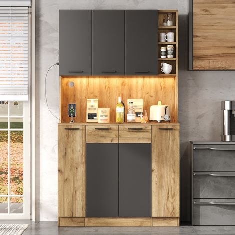 Credenza da cucina a LED con prese, mobile alto 100x40x180 cm, contenitore modulare, MDF nero e naturale