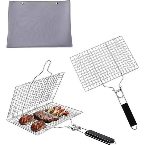 Lot De 2 Paniers De Barbecue Portables, Paniers De Grillades De Poisson Pliables, Paniers De Barbecue Pliables En Acier Inoxydable Avec Poignée En Bois Amovible Pour Poisson Rôti, Brochettes