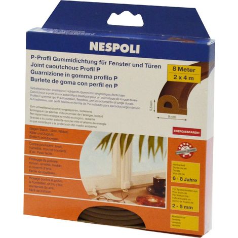 Nespoli Fenster- und Türdichtung mit P-Profil je 4 m, 9 x 5,5 mm, braun, 2 Stück Türdichtungen & Fensterdichtungen