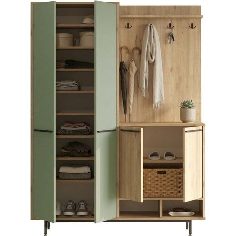 Flurmöbel Tignale, Garderobe, 12 Fächer, Schwingtüren, 147x36x196h cm Salbeigrün