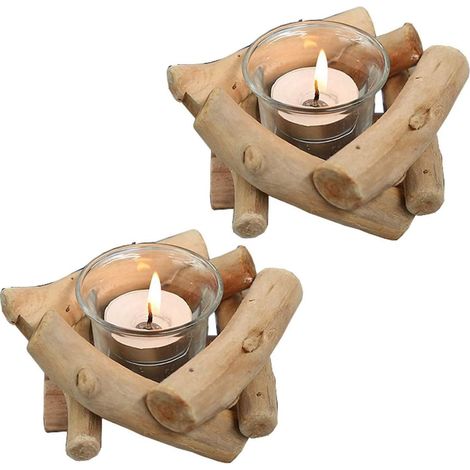Bougeoirs en Bois pour Bougies Chauffe-Plat Lot de 2, Decorative Bougeoir Rustiques avec Verre Chandeliers Photophore pour Centre de Table de Mariage Ferme Salon Maison Interieur Décorations (1/5)