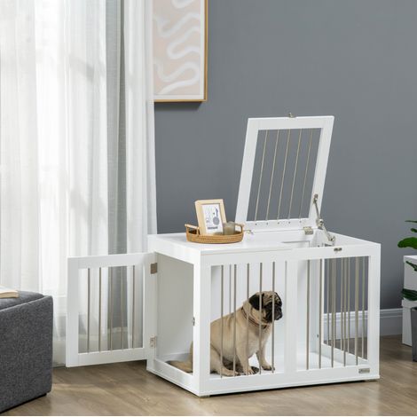 Jaula interior para perro 80 x 50 x 56,5 cm, 2 puertas con cierre, MDF y acero, blanco DESVIAE (1/5)