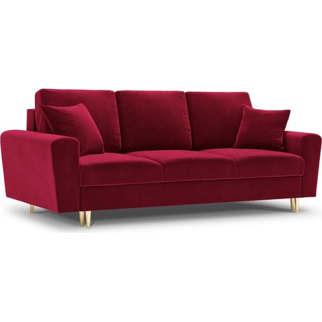 Canapé convertible avec coffre 3 places en velours rouge (1/4)