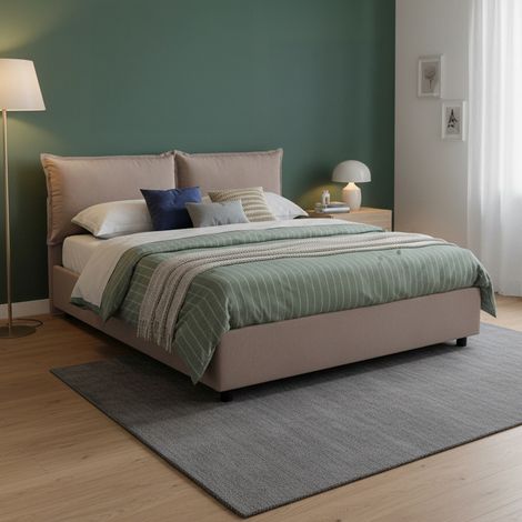 Talamo Italia Cama matrimonial Maddalena, Cama contenedor con revestimiento de tela, 100% Made in Italy, Apertura frontal, adecuado para colchón Cm 140x200, Tórtola, con embalaje reforzado (1/5)