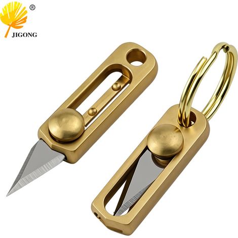 Mini couteau en cuivre, porte-clés portable, petit couteau pour déballer les colis, lame jaune tranchante, couteau de poche à ouverture par pression.