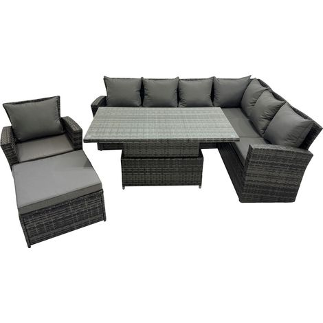Fimous 8 places Table à manger d'extérieur en rotin à dossier haut et hauteur réglable Ensemble canapé d'angle Mobilier de jardin  Gris foncé mélangé Rechts Het (1/5)