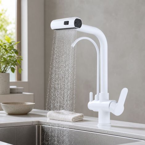 Robinet de cuisine 3 en 1 eau potable mitigeur extensible en cuivre blanc 4 jets rotation 360° (1/5)