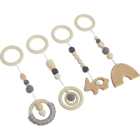 Ensemble de 4 jouets pour poussette, centre d'activités en bois pour bébé, jouets suspendus pour tout-petits et bébés, gris. (1/5)