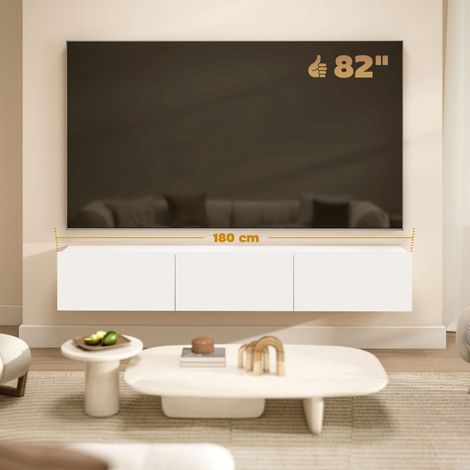 Meuble TV mural suspendu, 3 tiroirs, grand rangement, 180 cm, panneau de particules, blanc, faible encombrement, design moderne, fixation murale incluse. (1/5)