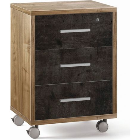 Cómoda con Ruedas, 3 cajones 51L x 41P x h71 – Acabado Madera Nogal y Negro Opaco – Sarmog