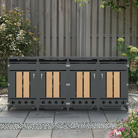 Mülltonnenbox 4 Türen 132x80x118.5cm mit hydraulischem Klappdeckel und Schloss aus verzinktem Stahl moderner Stil Grau und Holzoptik