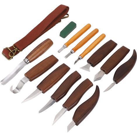 Outils de sculpture sur bois, poignée à insert profond, kit de sculpture manuelle pour bois haute dureté avec sac de rangement en cuir pour l'artisanat (1/5)