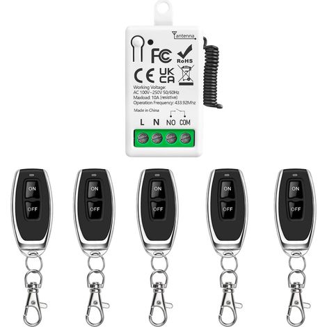 433Mhz Commutateur De Télécommande sans Fil AC 220V 230V 1 Canal Module Récepteur De Relais avec 5 Émetteur, Contrôleur De Contact Sec Passif,pour système de Porte de Garage Éclairage (1/5)